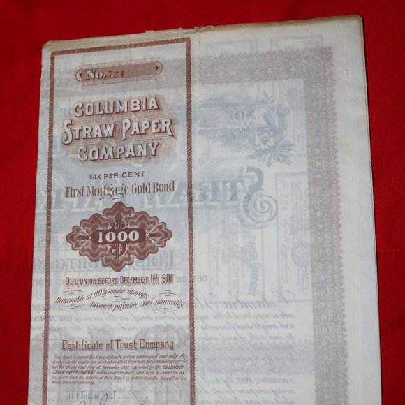 Columbia Straw Paper Company MORTGAGE GOLD BOND $1000 _ 1901 ANTIQUE - Picture 5 of 10